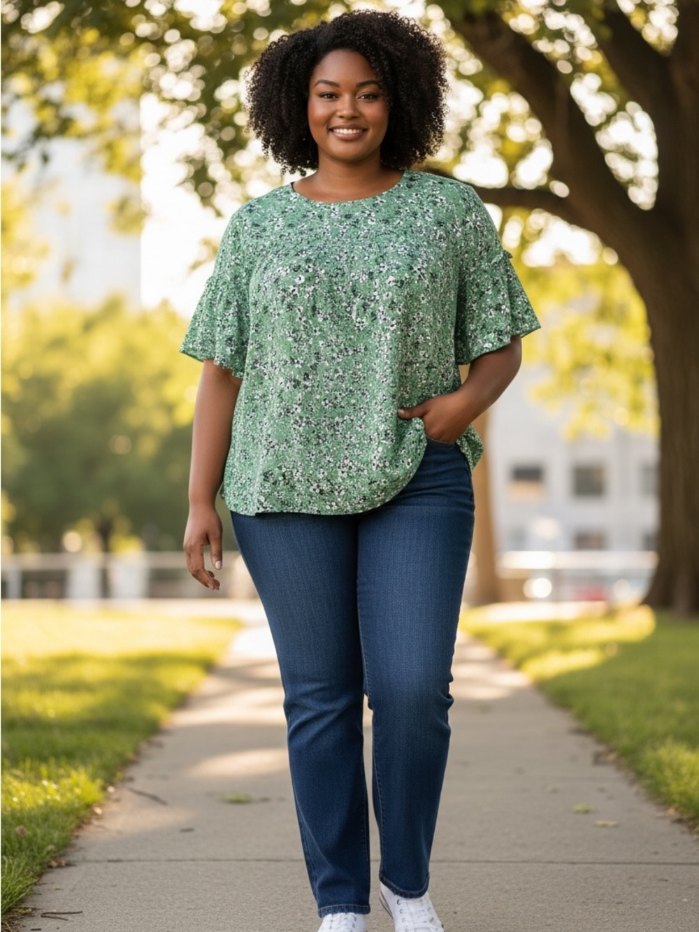 Green Floral Ruffle-Sleeve Tee 1XL (14-16) #532